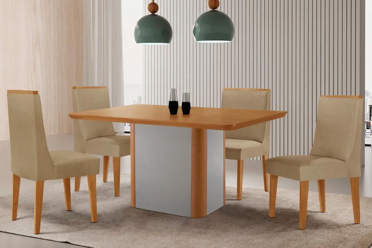 Sala Jantar Mesa Pietá Tampo Curvo 120cm+4 Cadeiras Dakota Madeira - Rufato