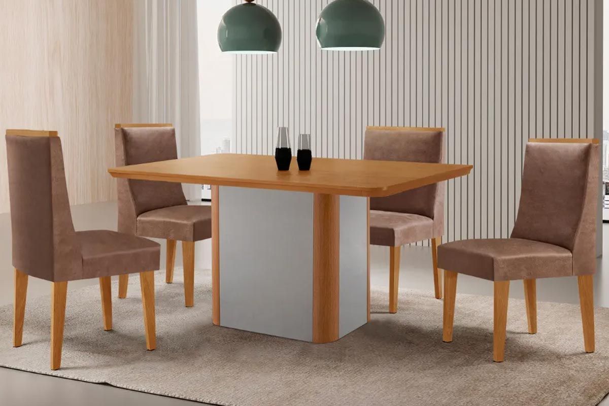 Sala Jantar Mesa Pietá Tampo Curvo 120cm+4 Cadeiras Dakota Madeira - Rufato