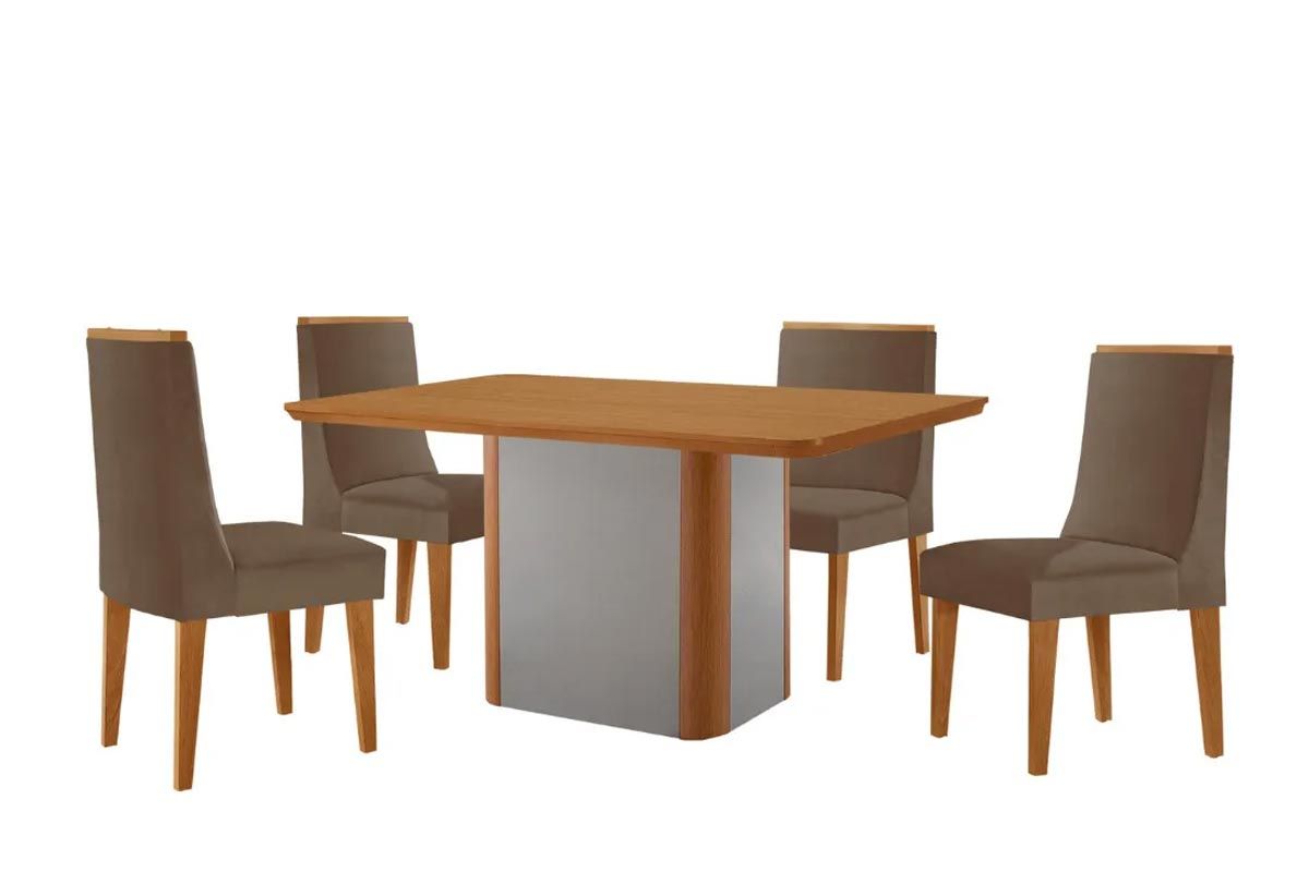 Sala Jantar Mesa Pietá Tampo Curvo 120cm+4 Cadeiras Dakota Madeira - Rufato