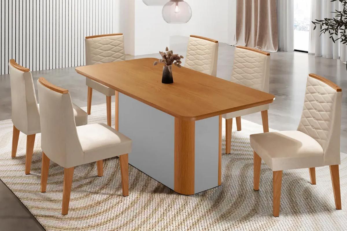 Sala Jantar Mesa Pietá Tampo Curvo 180cm+6 Cadeiras Maldivas Madeira - Rufato