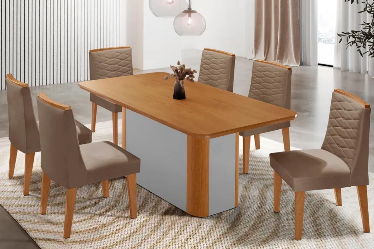 Sala Jantar Mesa Pietá Tampo Curvo 180cm+6 Cadeiras Maldivas Madeira - Rufato