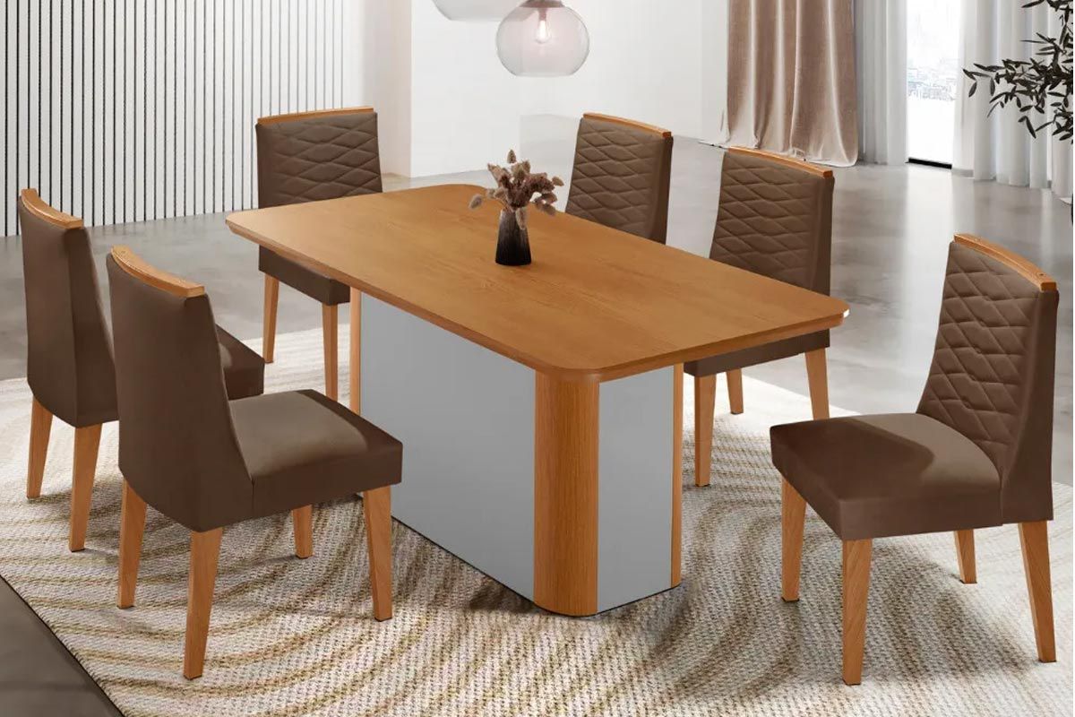 Sala Jantar Mesa Pietá Tampo Curvo 180cm+6 Cadeiras Maldivas Madeira - Rufato