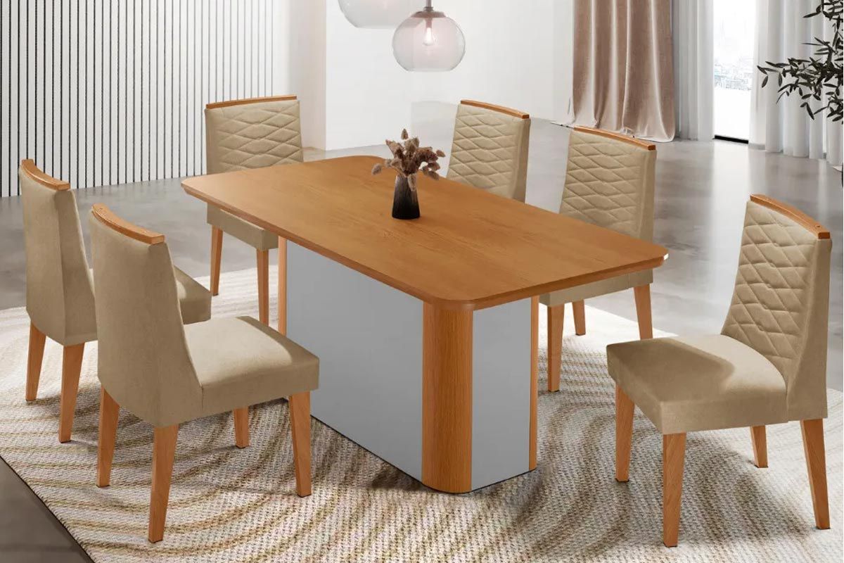 Sala Jantar Mesa Pietá Tampo Curvo 180cm+6 Cadeiras Maldivas Madeira - Rufato