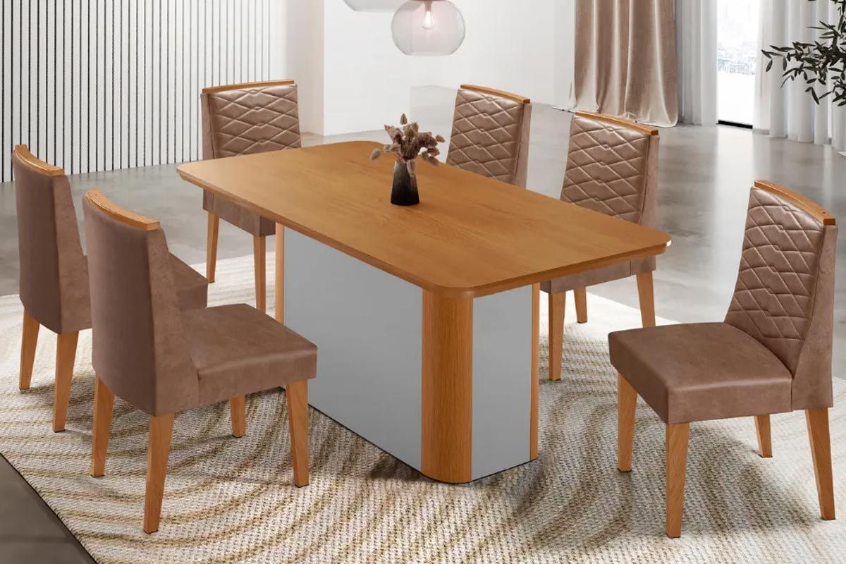 Sala Jantar Mesa Pietá Tampo Curvo 180cm+6 Cadeiras Maldivas Madeira - Rufato