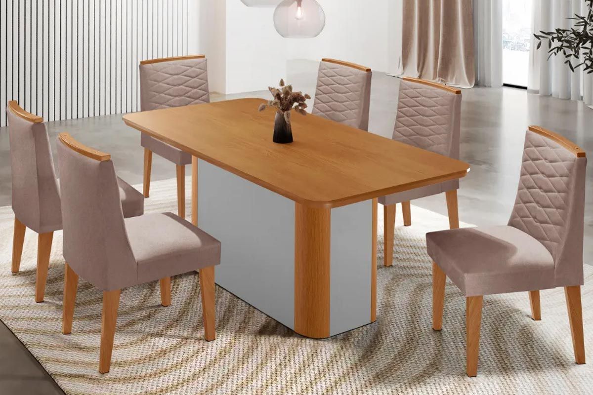 Sala Jantar Mesa Pietá Tampo Curvo 180cm+6 Cadeiras Maldivas Madeira - Rufato