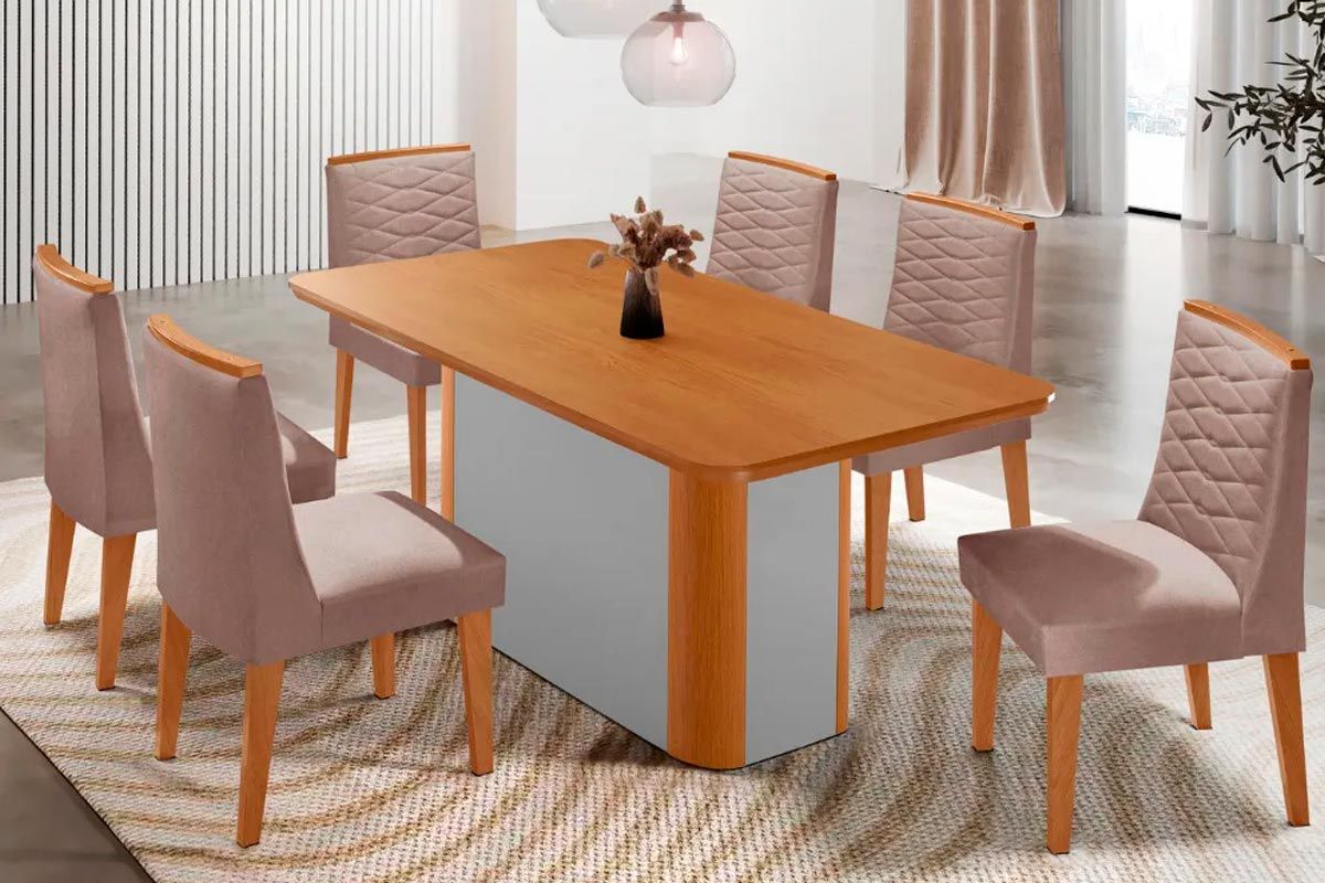 Sala Jantar Mesa Pietá Tampo Curvo 180cm+6 Cadeiras Maldivas Madeira - Rufato