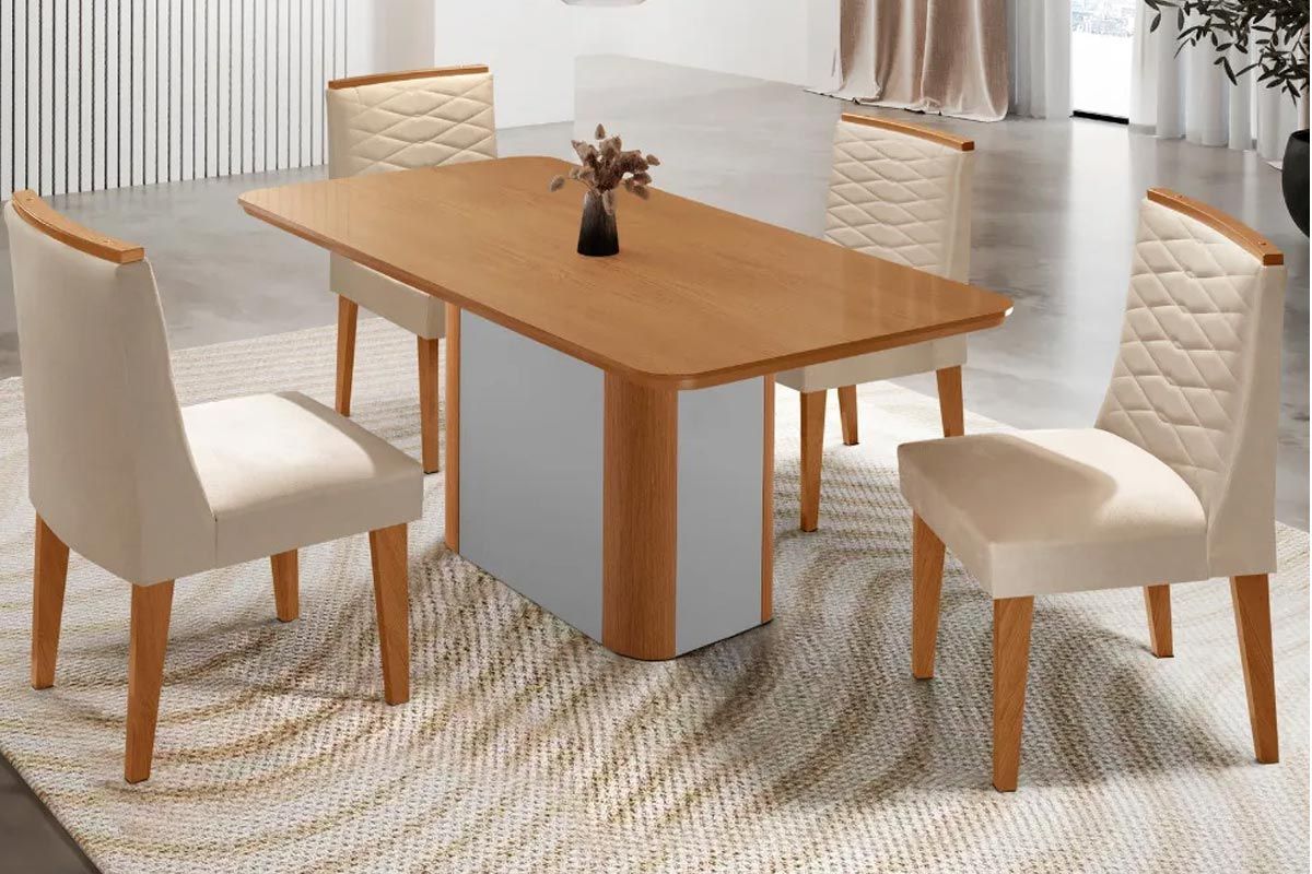 Sala Jantar Mesa Pietá Tampo Curvo 120cm+4 Cadeiras Maldivas Madeira - Rufato
