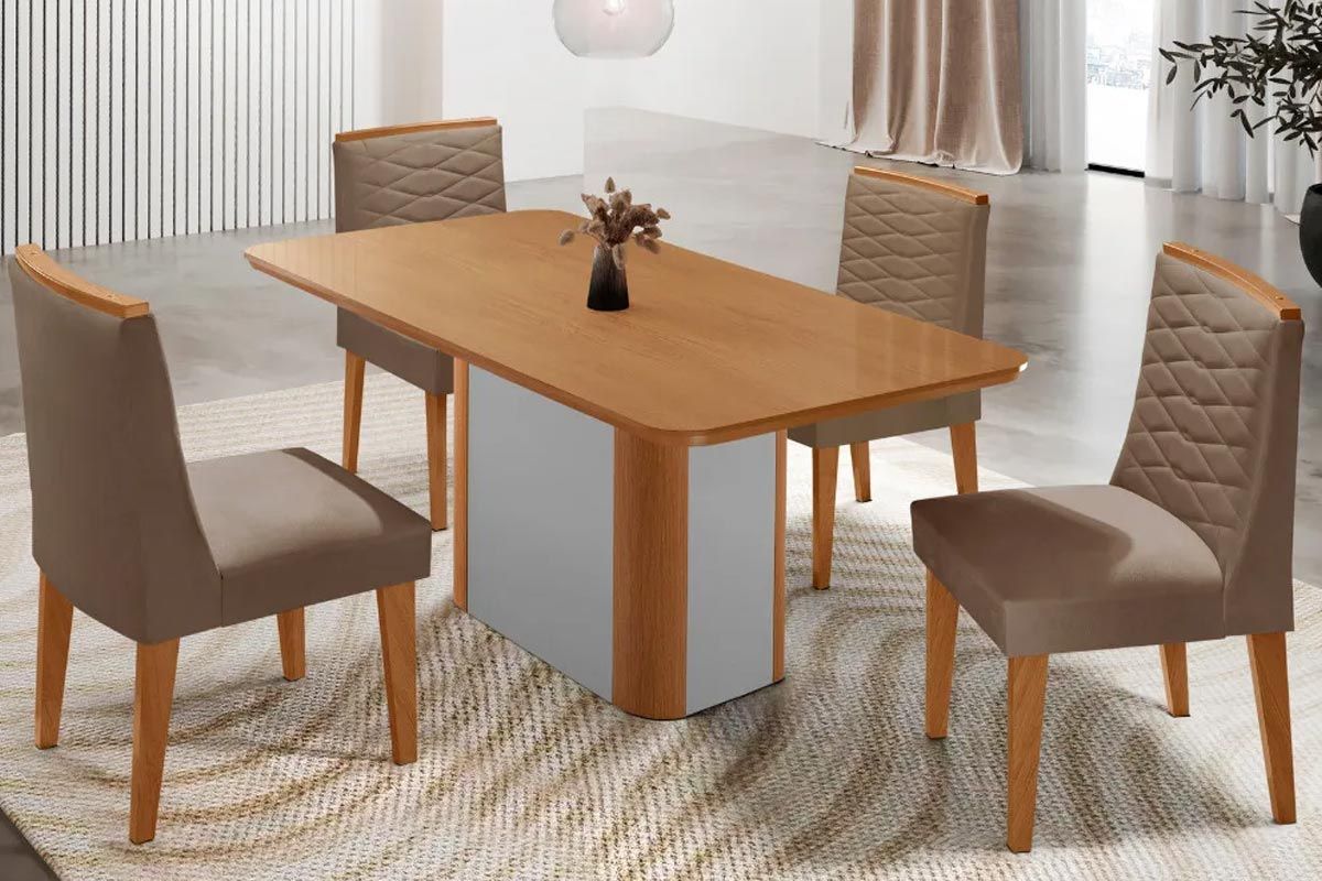 Sala Jantar Mesa Pietá Tampo Curvo 120cm+4 Cadeiras Maldivas Madeira - Rufato