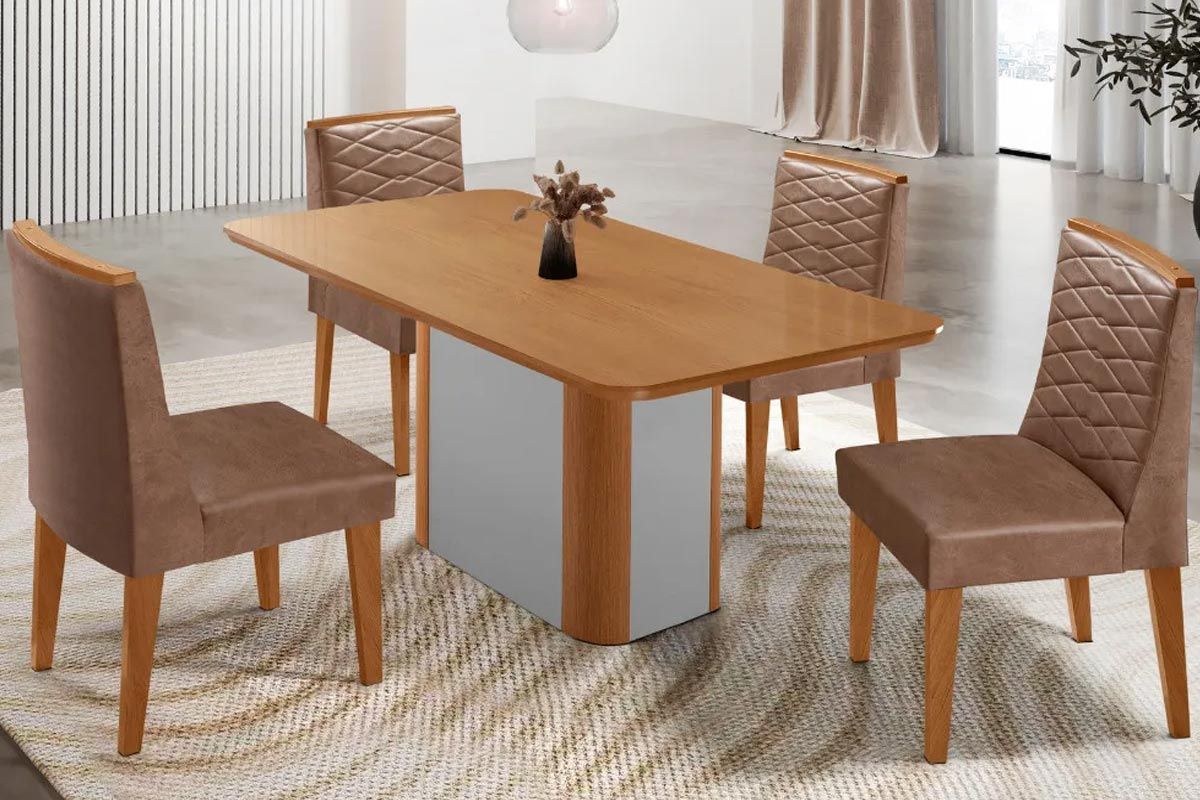 Sala Jantar Mesa Pietá Tampo Curvo 120cm+4 Cadeiras Maldivas Madeira - Rufato