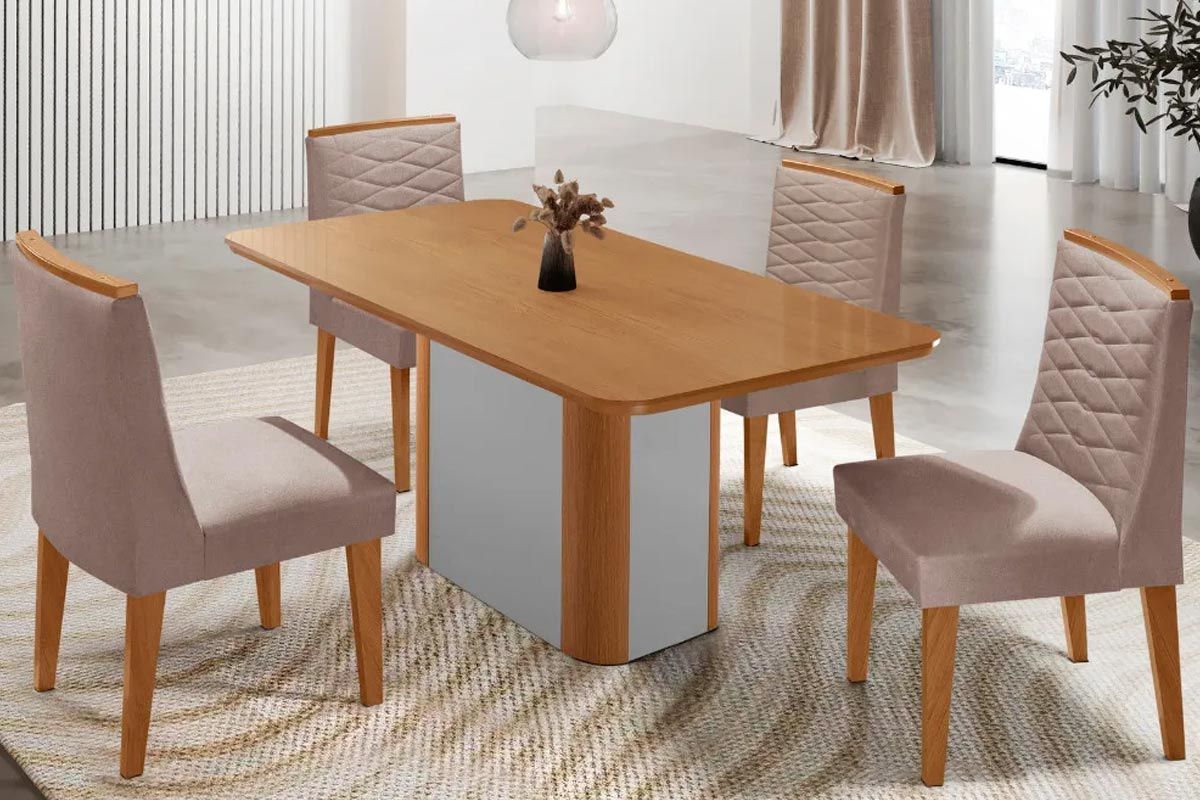 Sala Jantar Mesa Pietá Tampo Curvo 120cm+4 Cadeiras Maldivas Madeira - Rufato