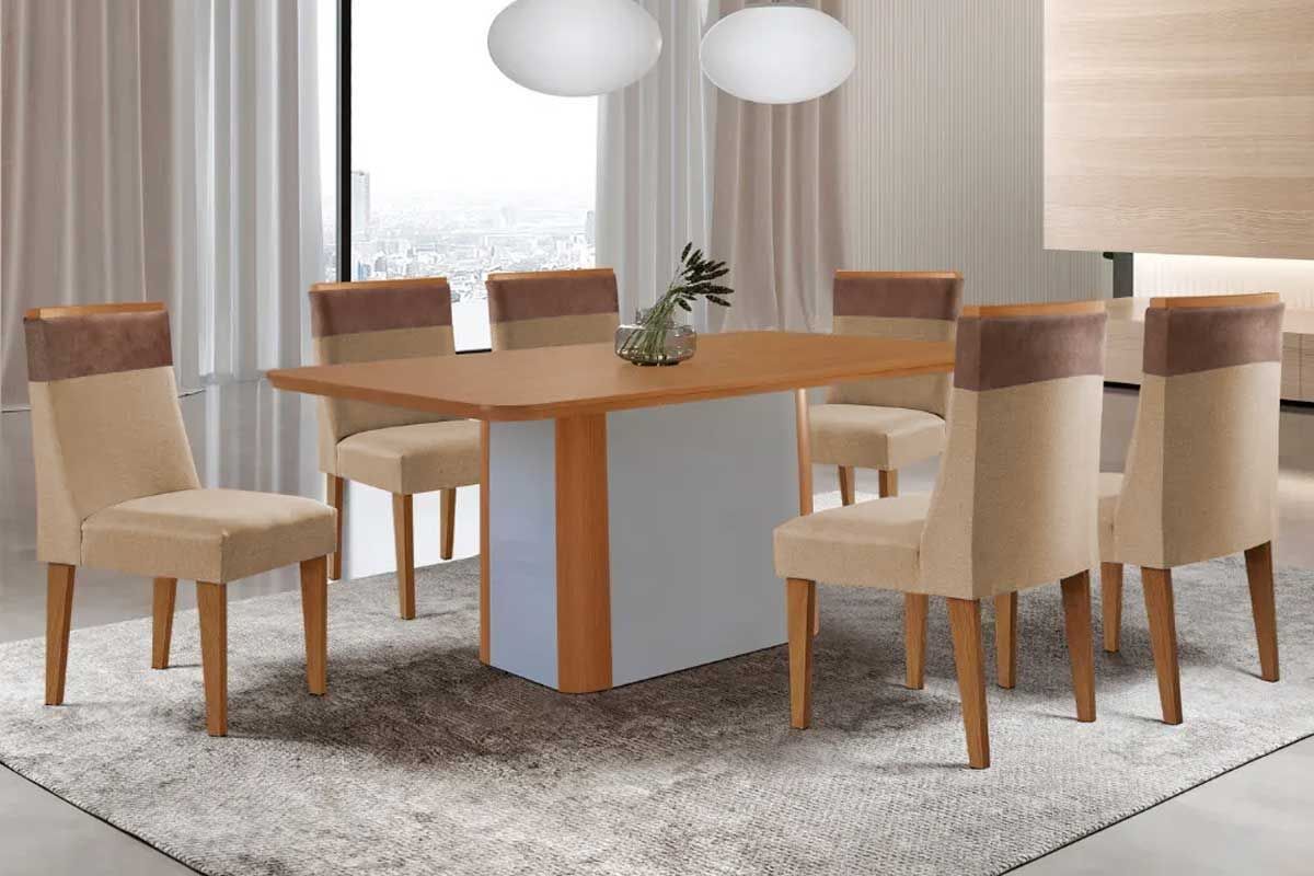 Sala Jantar Mesa Pietá Tampo Curvo 180cm+6 Cadeiras Jaspe Madeira - Rufato