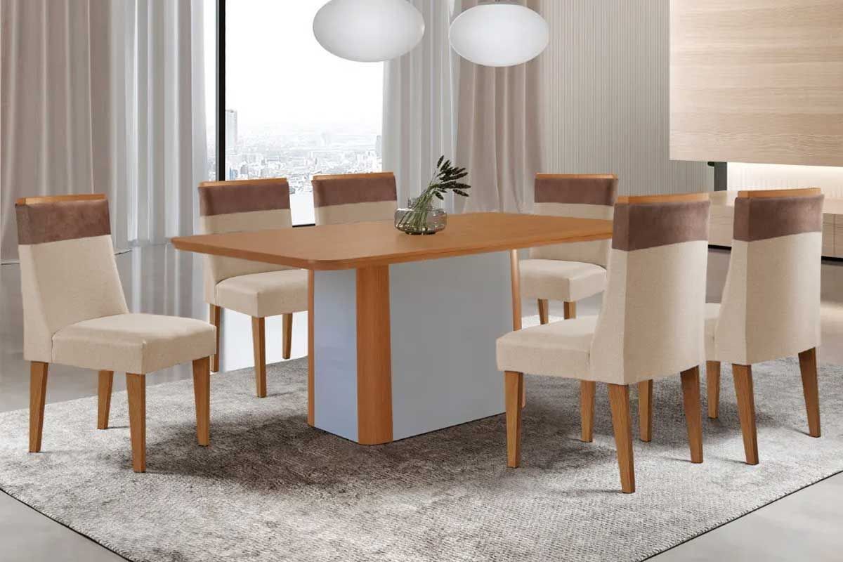 Sala Jantar Mesa Pietá Tampo Curvo 180cm+6 Cadeiras Jaspe Madeira - Rufato