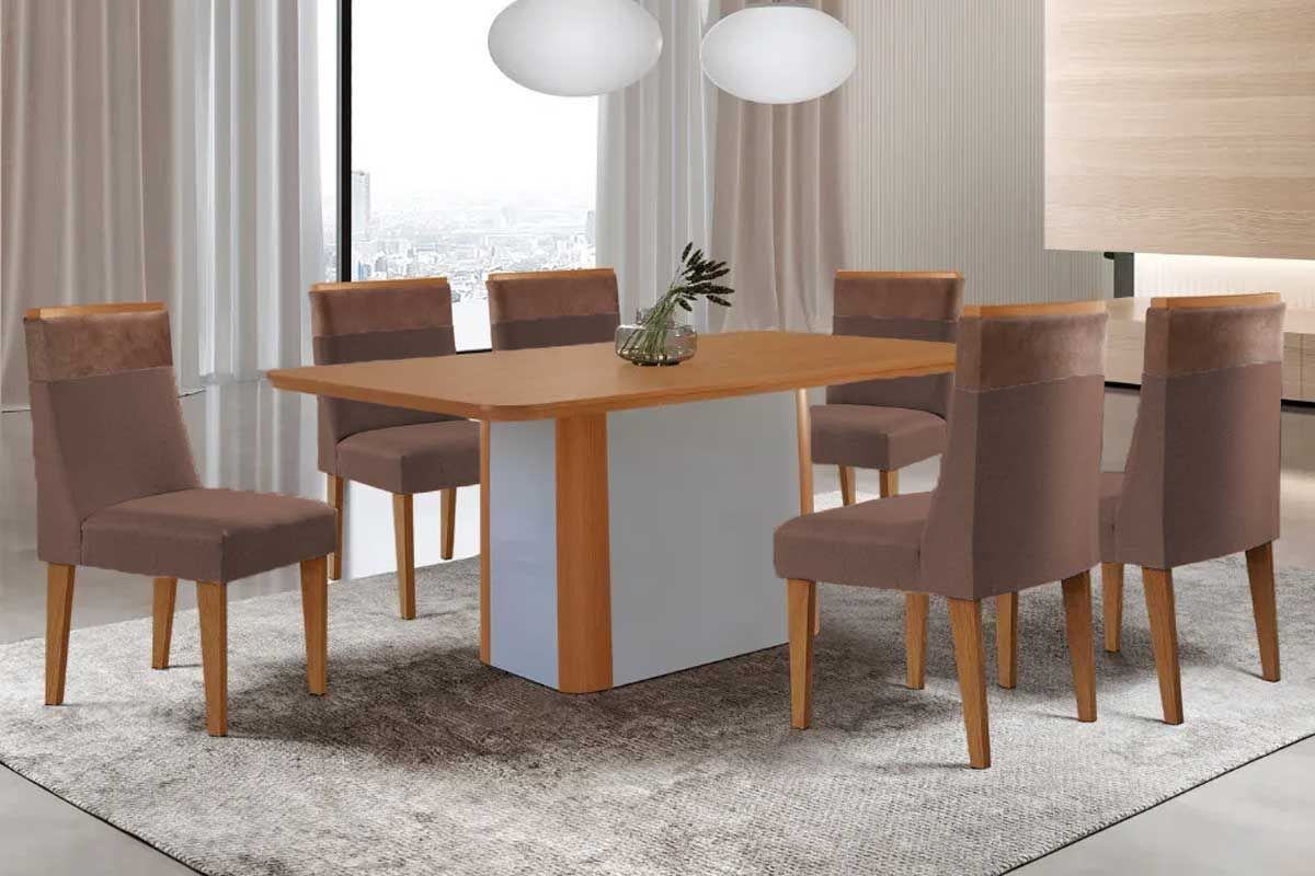 Sala Jantar Mesa Pietá Tampo Curvo 180cm+6 Cadeiras Jaspe Madeira - Rufato