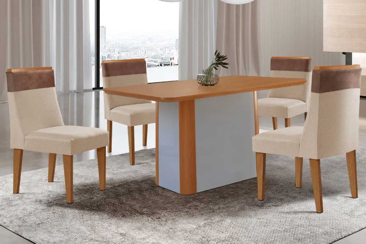 Sala Jantar Mesa Pietá Tampo Curvo 120cm+4 Cadeiras Jaspe Madeira - Rufato