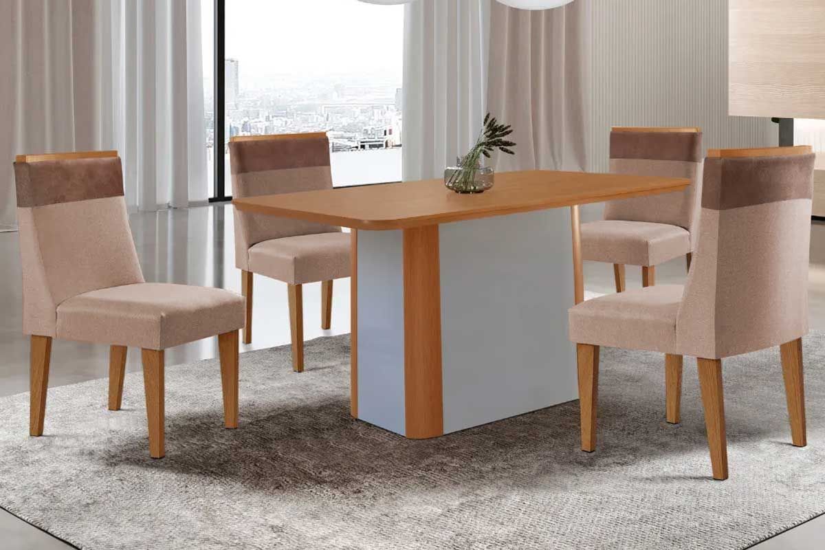 Sala Jantar Mesa Pietá Tampo Curvo 120cm+4 Cadeiras Jaspe Madeira - Rufato