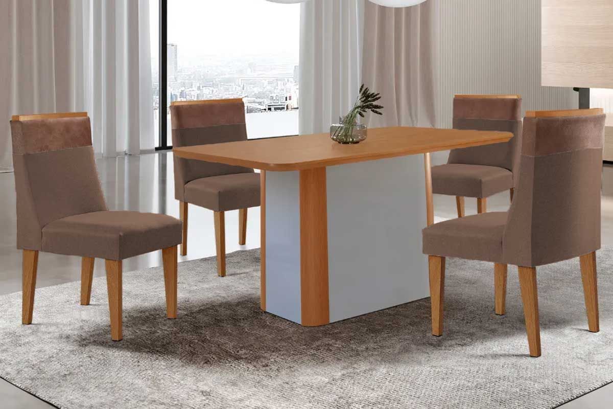Sala Jantar Mesa Pietá Tampo Curvo 120cm+4 Cadeiras Jaspe Madeira - Rufato