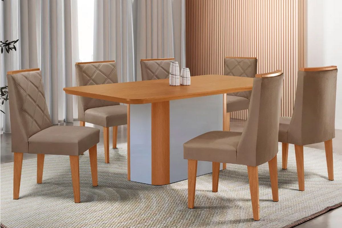 Sala Jantar Mesa Pietá Tampo Curvo 180cm+6 Cadeiras Pietá Madeira - Rufato