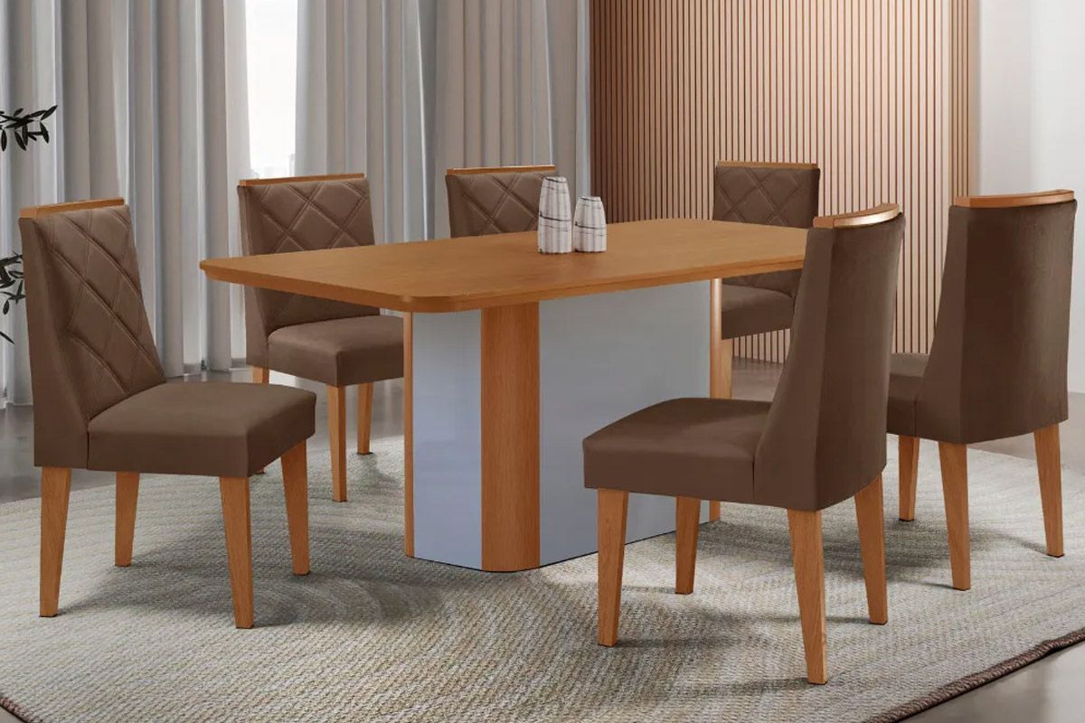 Sala Jantar Mesa Pietá Tampo Curvo 180cm+6 Cadeiras Pietá Madeira - Rufato