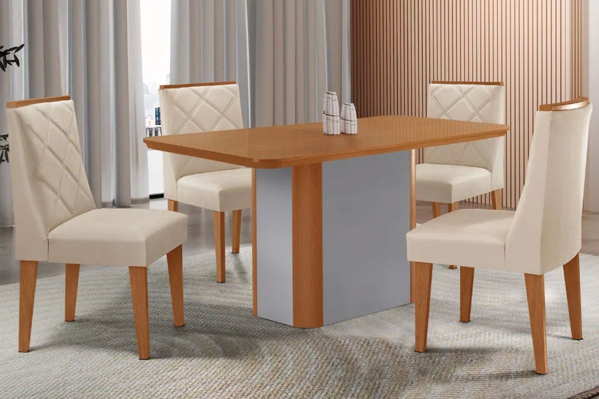 Sala Jantar Mesa Pietá Tampo Curvo 120cm+4 Cadeiras Pietá Madeira - Rufato