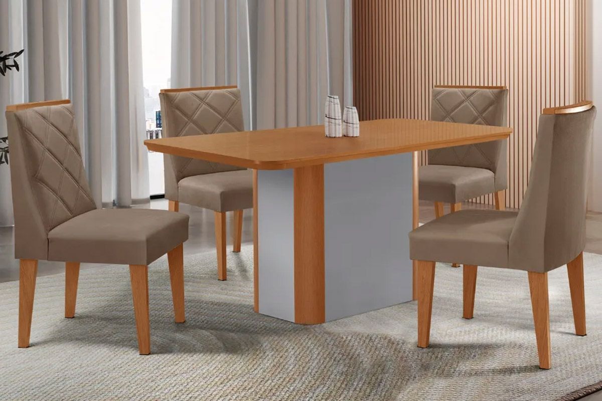 Sala Jantar Mesa Pietá Tampo Curvo 120cm+4 Cadeiras Pietá Madeira - Rufato