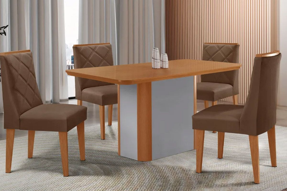 Sala Jantar Mesa Pietá Tampo Curvo 120cm+4 Cadeiras Pietá Madeira - Rufato