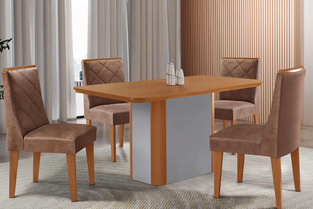Sala Jantar Mesa Pietá Tampo Curvo 120cm+4 Cadeiras Pietá Madeira - Rufato