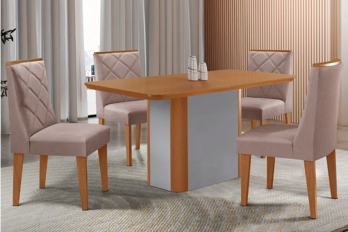 Sala Jantar Mesa Pietá Tampo Curvo 120cm+4 Cadeiras Pietá Madeira - Rufato