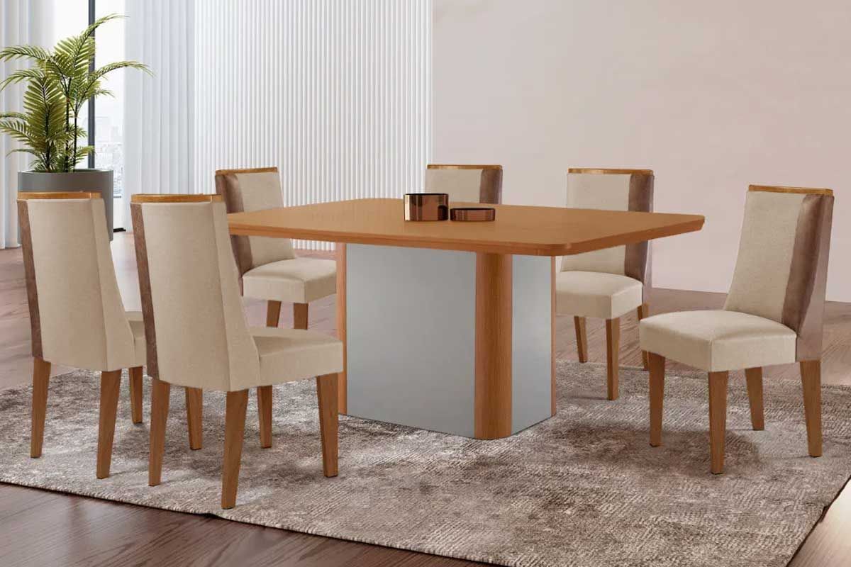Sala Jantar Mesa Pietá Tampo Curvo 180cm+6 Cadeiras Tilia Madeira - Rufato