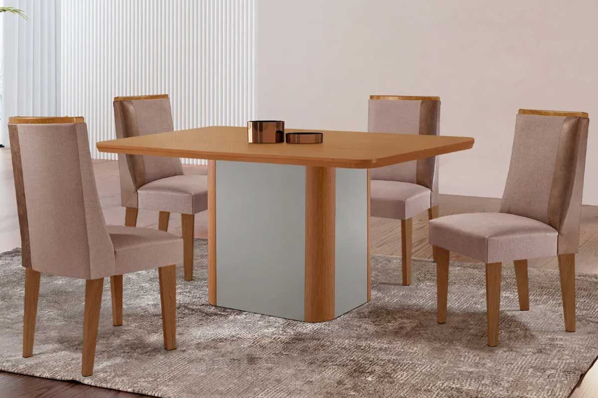 Sala Jantar Mesa Pietá Tampo Curvo 120cm+4 Cadeiras Tilia Madeira - Rufato
