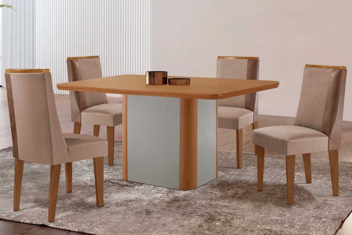 Sala Jantar Mesa Pietá Tampo Curvo 120cm+4 Cadeiras Tilia Madeira - Rufato