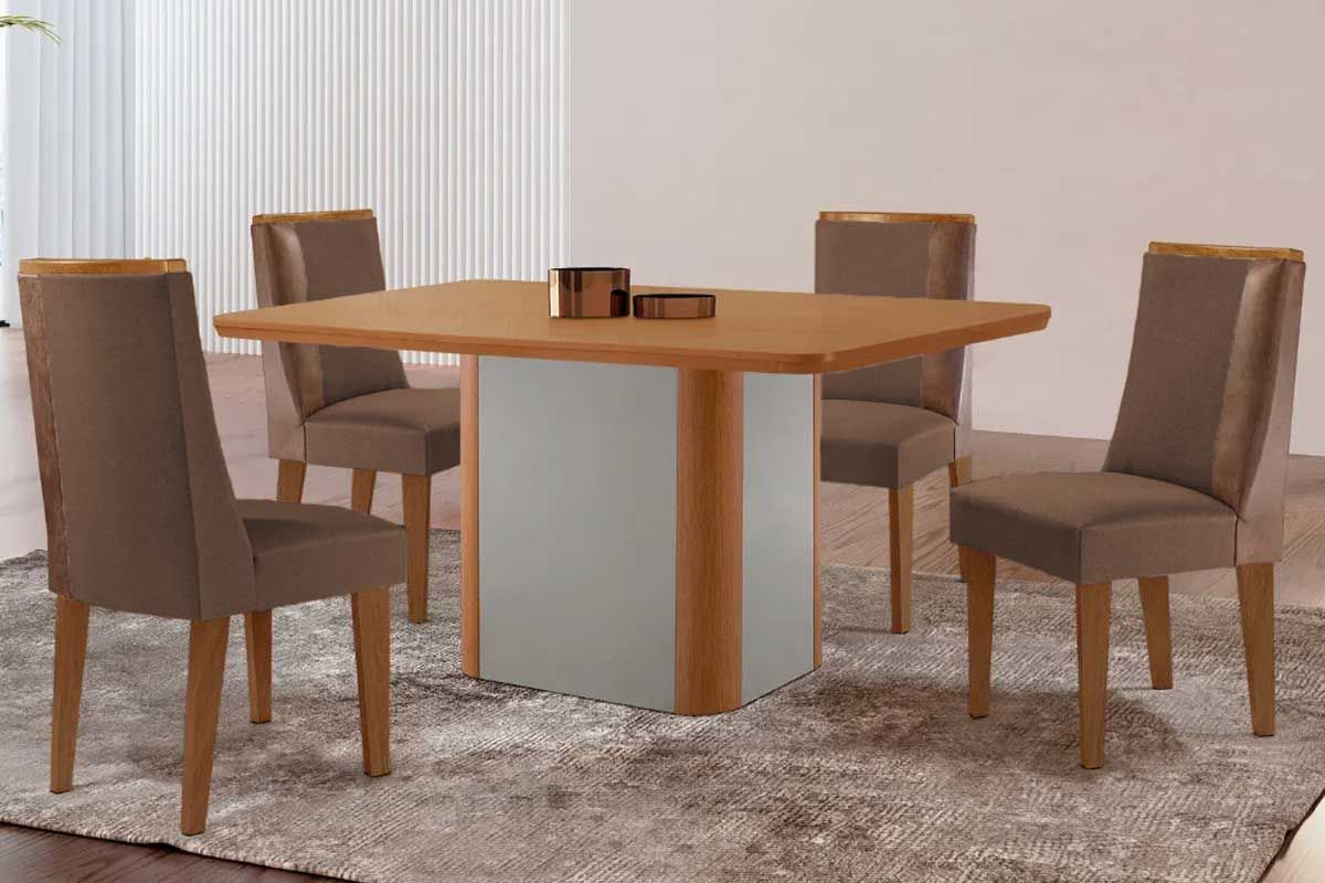Sala Jantar Mesa Pietá Tampo Curvo 120cm+4 Cadeiras Tilia Madeira - Rufato