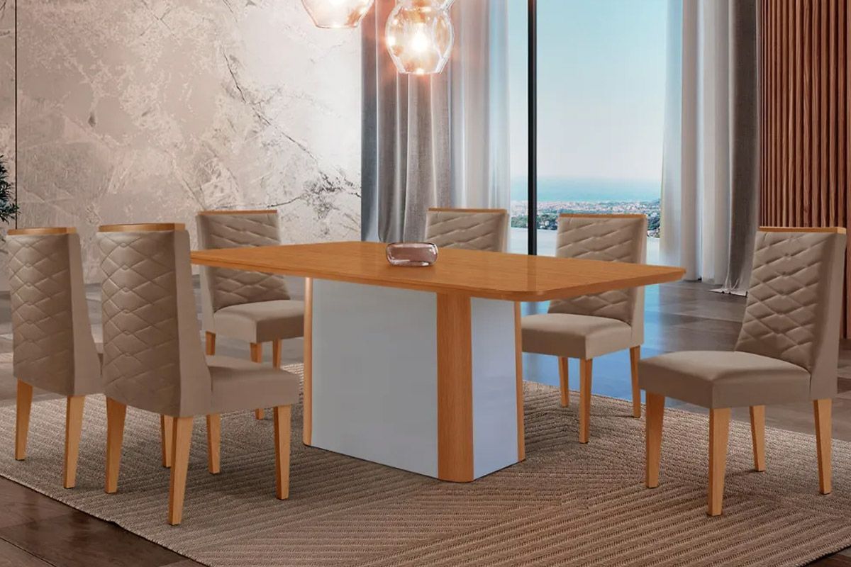 Sala Jantar Mesa Pietá Tampo Curvo 180cm+6 Cadeiras Dafne Madeira - Rufato