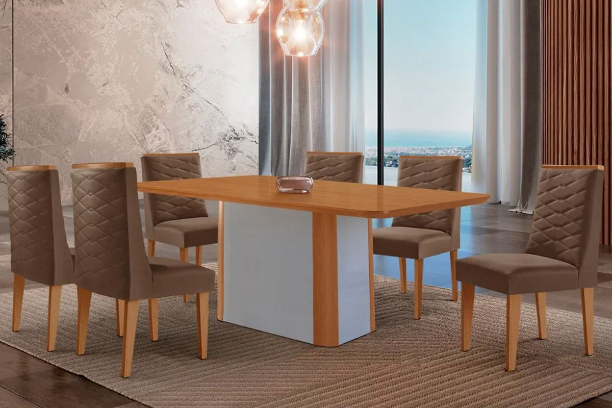 Sala Jantar Mesa Pietá Tampo Curvo 180cm+6 Cadeiras Dafne Madeira - Rufato