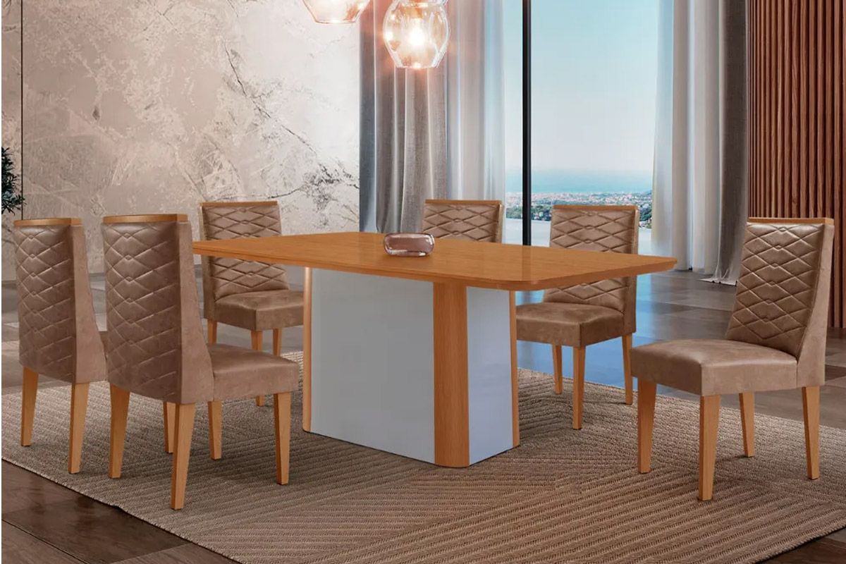 Sala Jantar Mesa Pietá Tampo Curvo 180cm+6 Cadeiras Dafne Madeira - Rufato