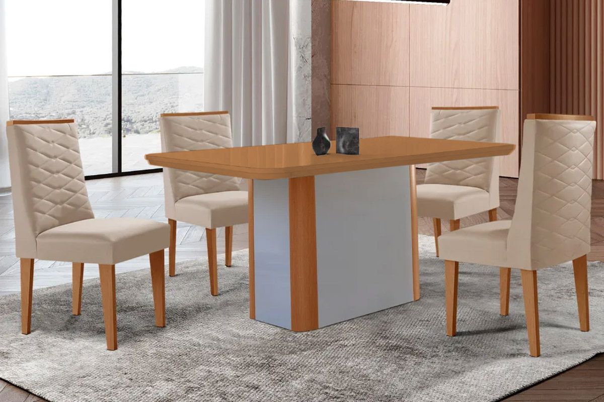 Sala Jantar Mesa Pietá Tampo Curvo 120cm+4 Cadeiras Dafne Madeira - Rufato