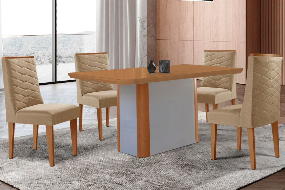 Sala Jantar Mesa Pietá Tampo Curvo 120cm+4 Cadeiras Dafne Madeira - Rufato