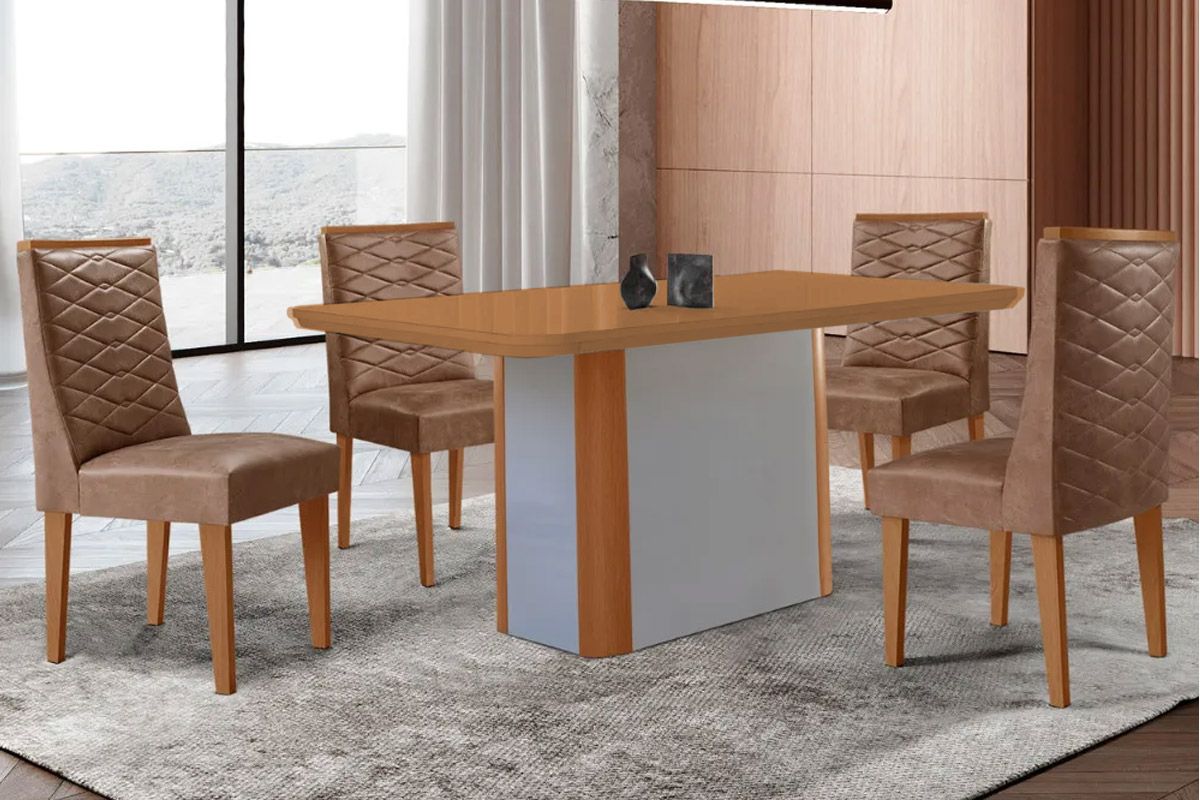Sala Jantar Mesa Pietá Tampo Curvo 120cm+4 Cadeiras Dafne Madeira - Rufato