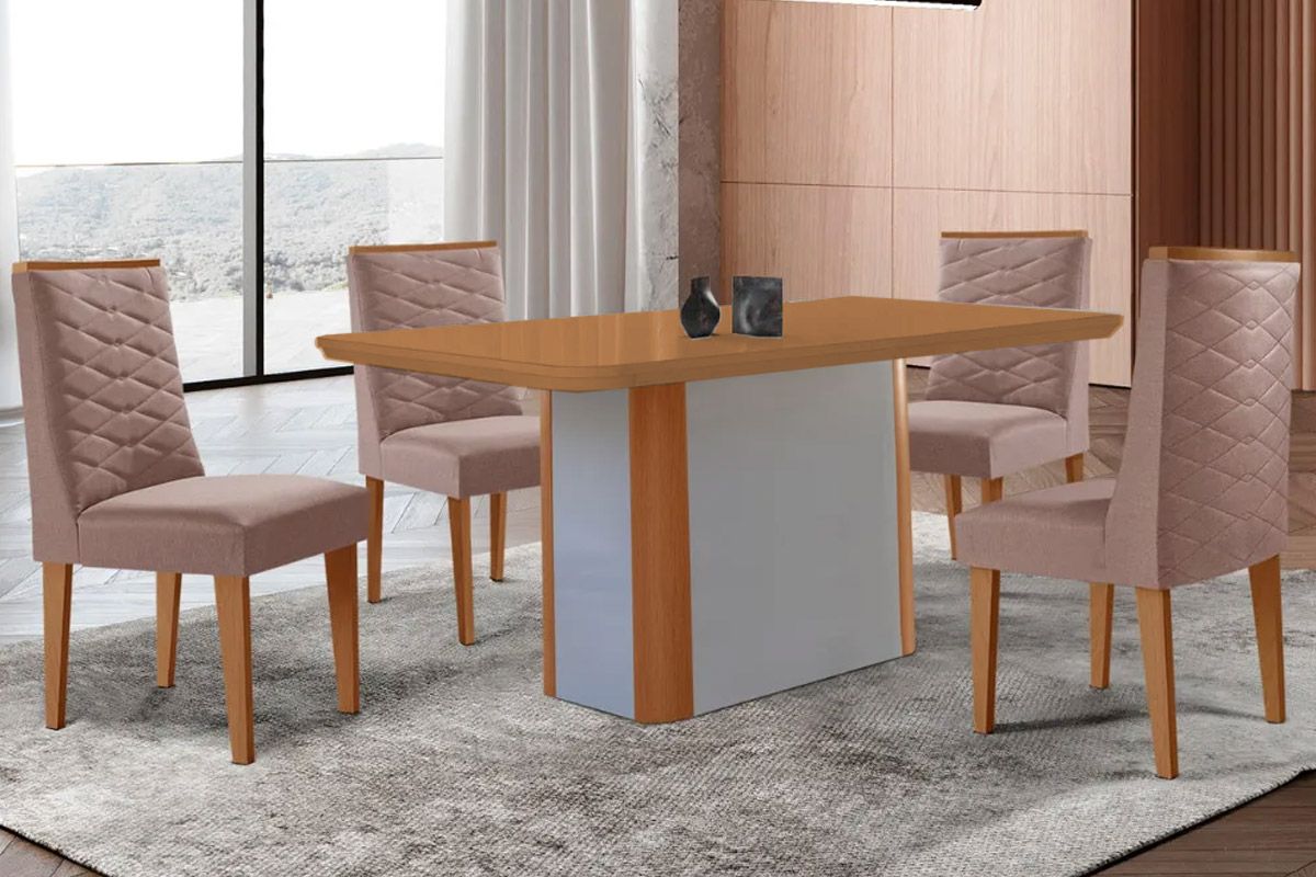 Sala Jantar Mesa Pietá Tampo Curvo 120cm+4 Cadeiras Dafne Madeira - Rufato