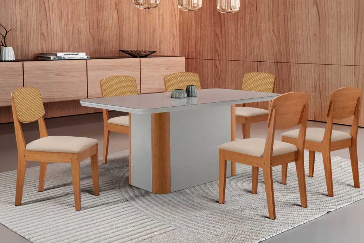 Sala Jantar Mesa Pietá Tampo c/ Vidro Curvo 180cm+6 Cadeiras Havana - Rufato