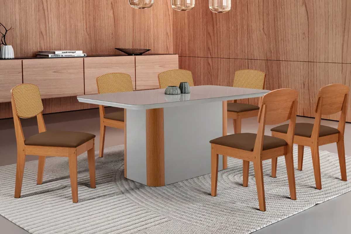 Sala Jantar Mesa Pietá Tampo c/ Vidro Curvo 180cm+6 Cadeiras Havana - Rufato