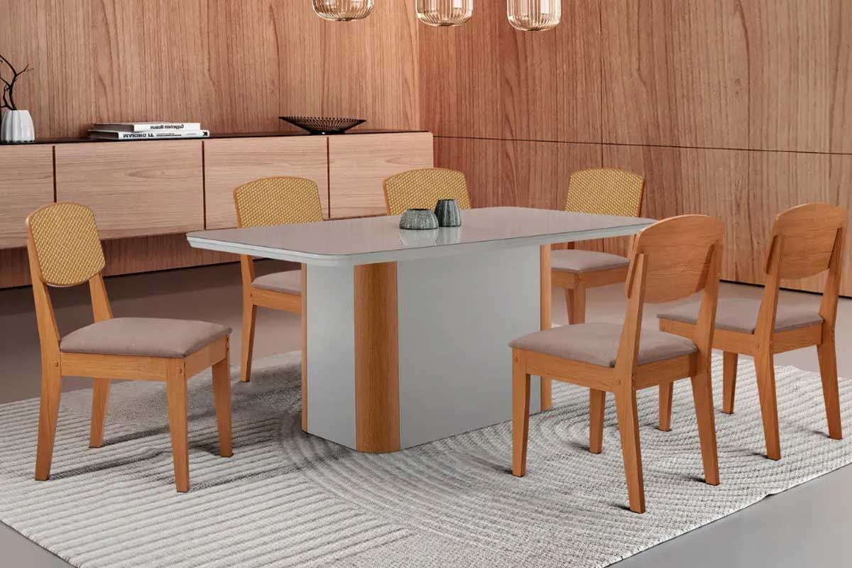 Sala Jantar Mesa Pietá Tampo c/ Vidro Curvo 180cm+6 Cadeiras Havana - Rufato