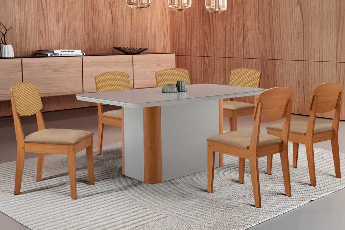 Sala Jantar Mesa Pietá Tampo c/ Vidro Curvo 180cm+6 Cadeiras Havana - Rufato