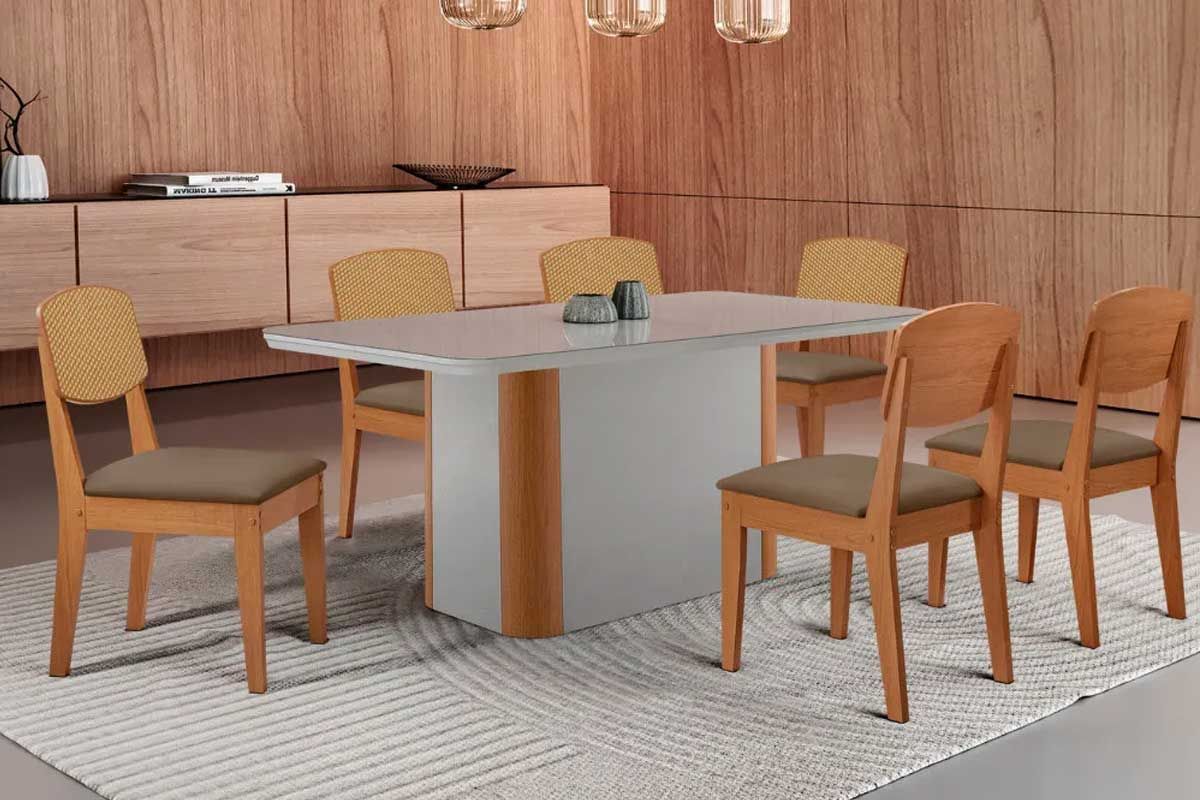 Sala Jantar Mesa Pietá Tampo c/ Vidro Curvo 180cm+6 Cadeiras Havana - Rufato