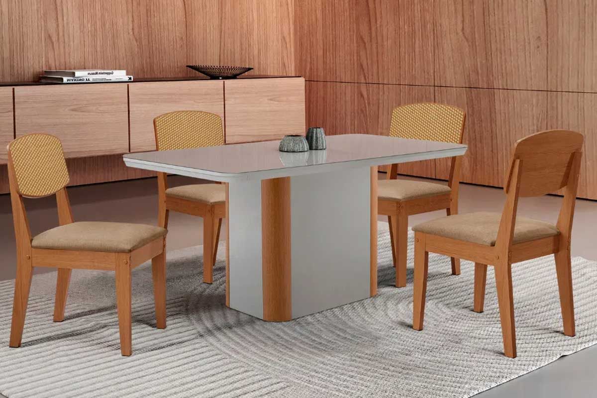 Sala de Jantar Completa Pietá c/ Tampo Madeirado c/ Vidro Canto Curvo 120x80cm e 4 Cadeiras Havana Premium - Rufato