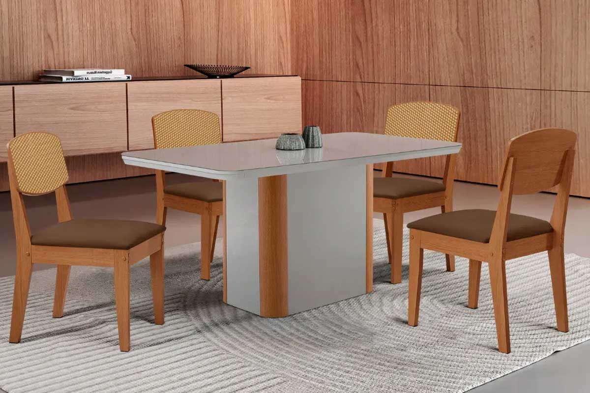 Sala de Jantar Completa Pietá c/ Tampo Madeirado c/ Vidro Canto Curvo 120x80cm e 4 Cadeiras Havana Premium - Rufato