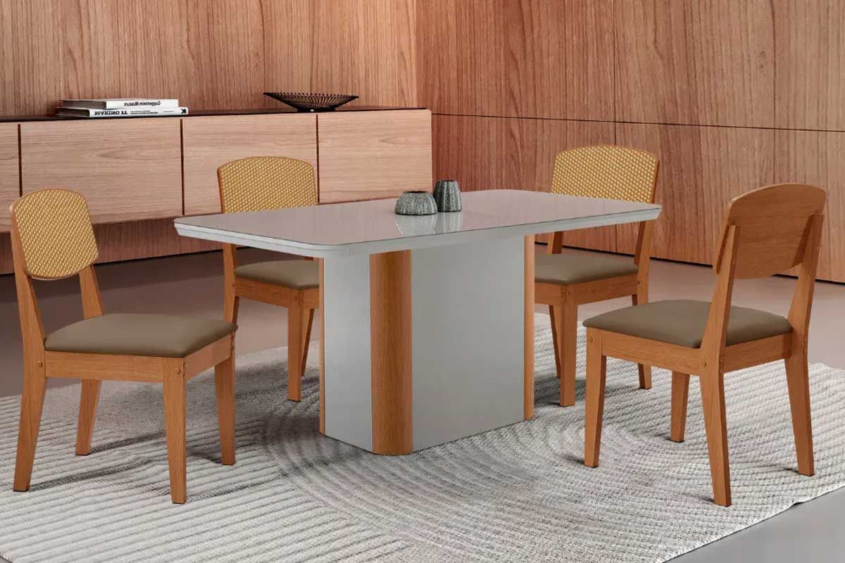 Sala de Jantar Completa Pietá c/ Tampo Madeirado c/ Vidro Canto Curvo 120x80cm e 4 Cadeiras Havana Premium - Rufato