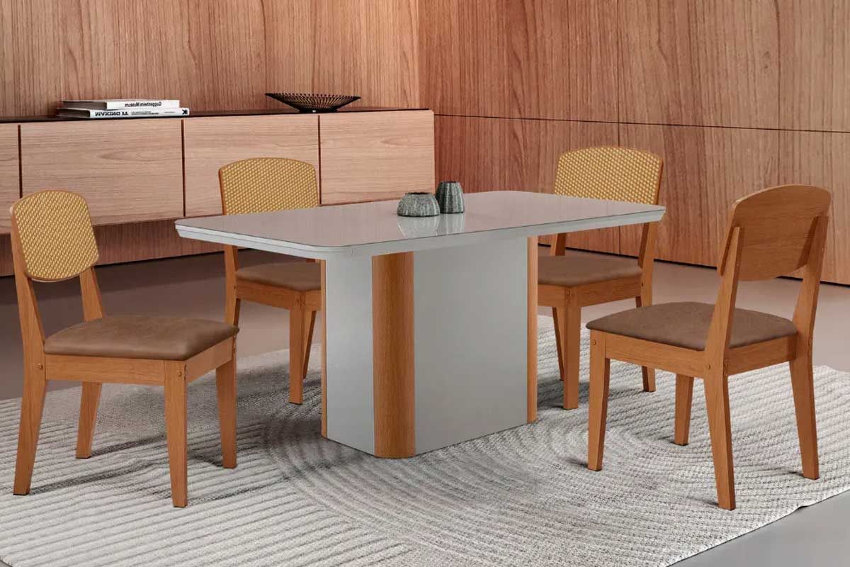 Sala de Jantar Completa Pietá c/ Tampo Madeirado c/ Vidro Canto Curvo 120x80cm e 4 Cadeiras Havana Premium - Rufato