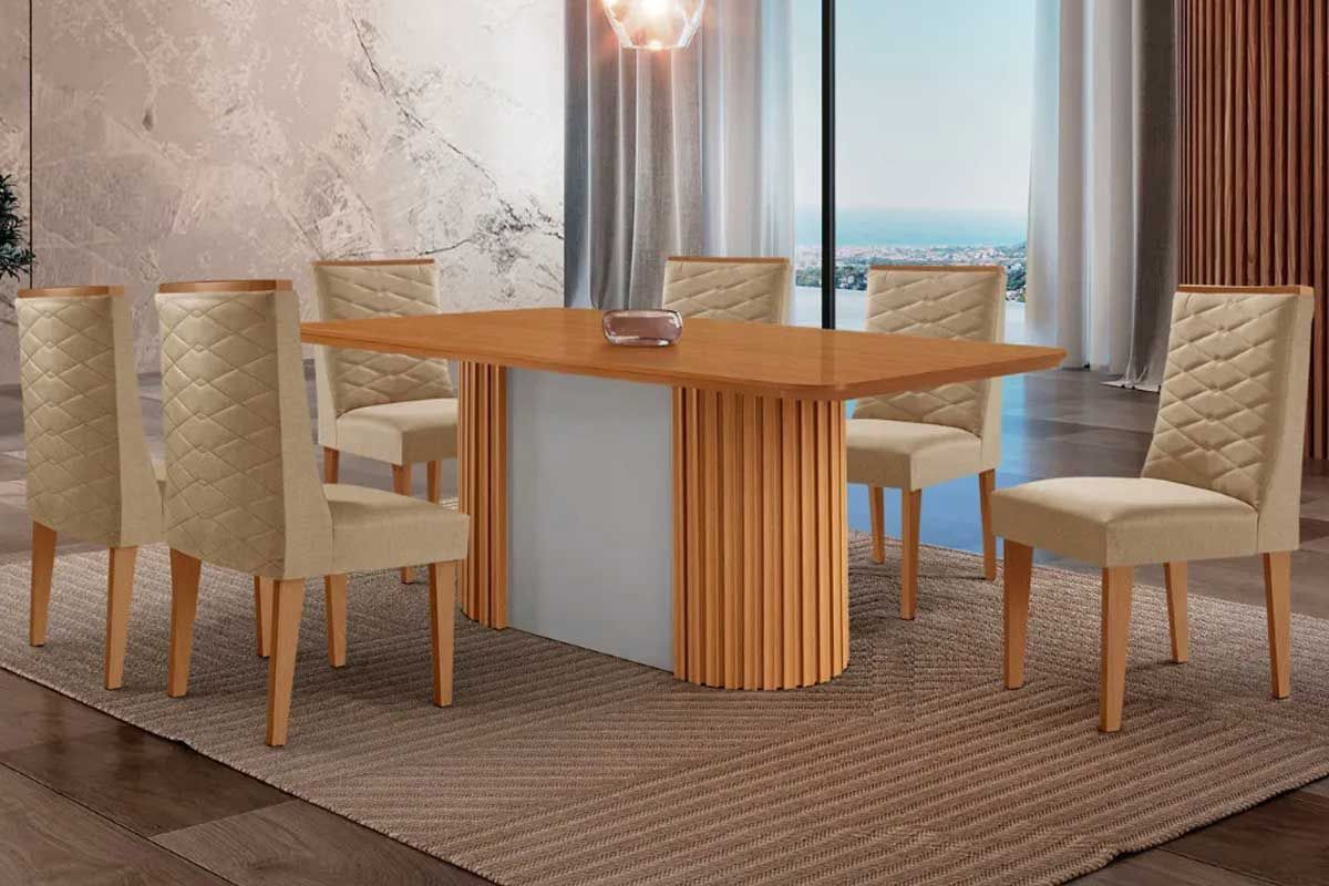Sala de Jantar Completa Pilar c/ Tampo Madeirado Canto Curvo 180x90cm e 6 Cadeiras Dafne Madeira Maciça - Rufato