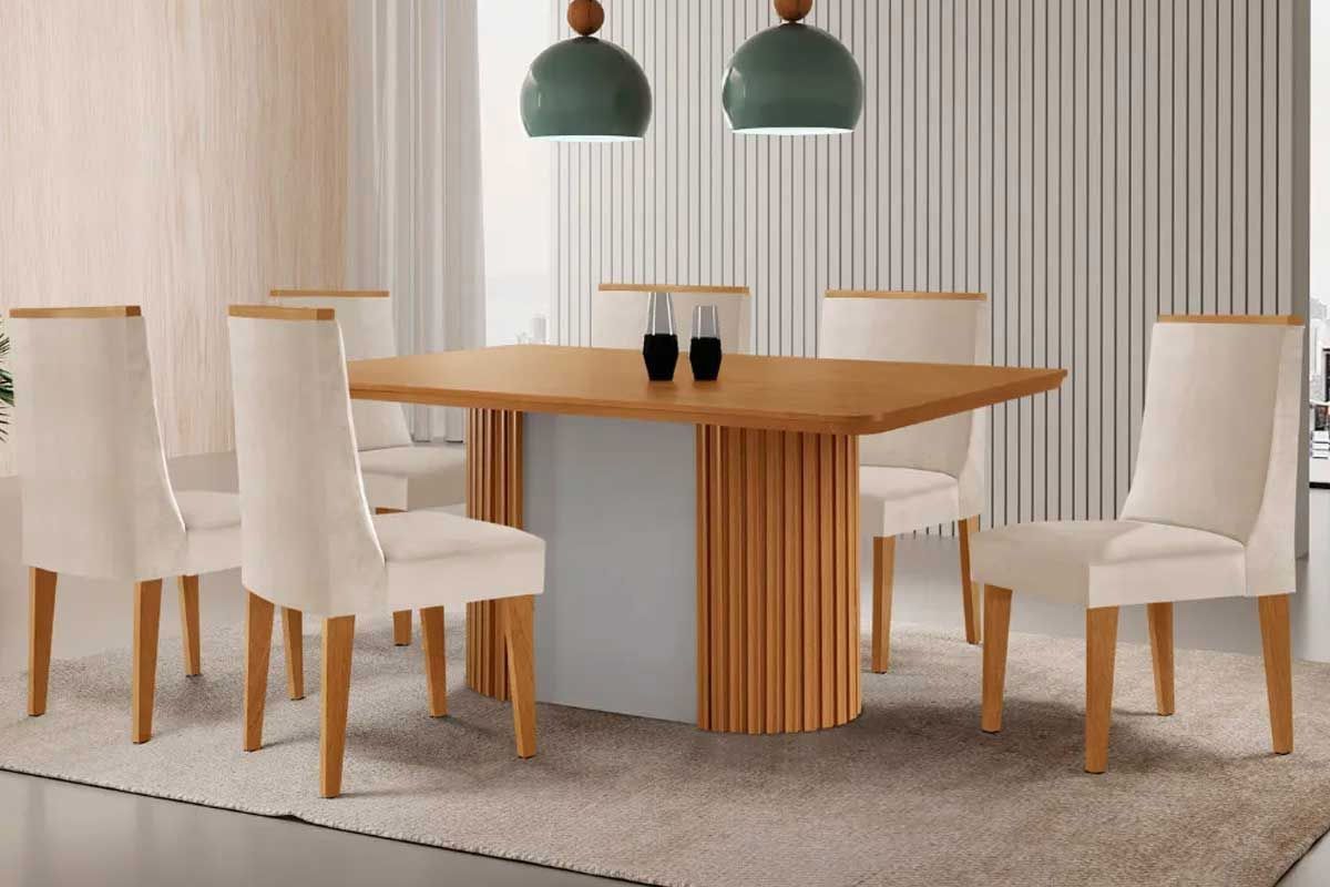Sala de Jantar Completa Pilar c/ Tampo Madeirado Canto Curvo 180x90cm e 6 Cadeiras Dakota Madeira Maciça - Rufato