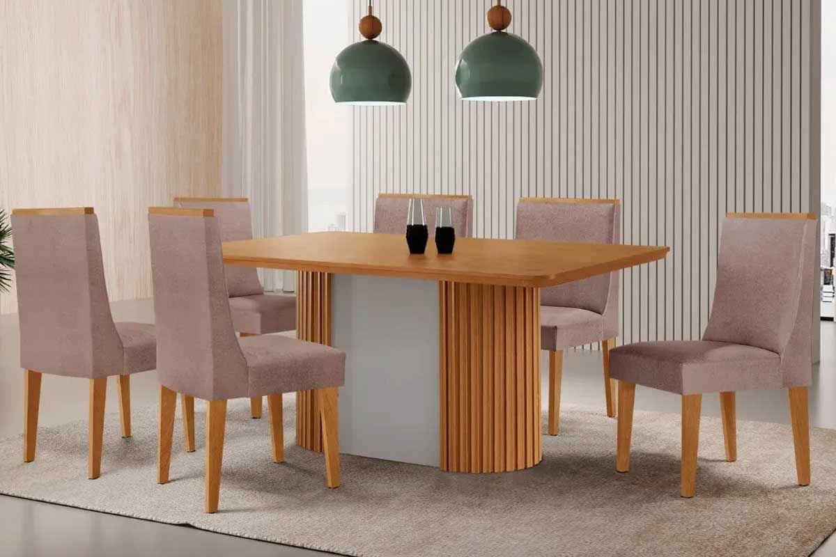 Sala de Jantar Completa Pilar c/ Tampo Madeirado Canto Curvo 180x90cm e 6 Cadeiras Dakota Madeira Maciça - Rufato